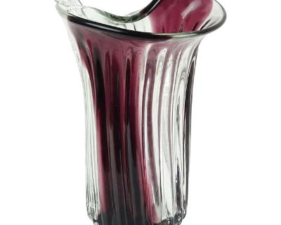 Murano Fratelli Toso Vintage Purple Stripe Italian Art Glass Scroll Edge Midcentury Flower Vase