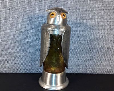 B24 Vintage MCM Owl SculptureAmbert Bottle Decanter Music Box How Dry I Am 10" Tall