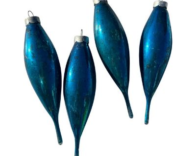 1950s Blue Mercury Glass Teardrop Christmas Ornaments- Set of 4