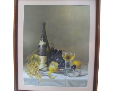 Roy Hodrien Still Life White Wine & Fruit III Mixed Media Framed Art Painting