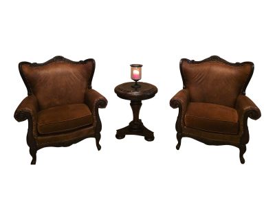 Handcrafted Spanish Colonial Armchairs With Leather and Embroidered Fabric