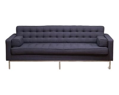 ABOUT This sofa has blind-tufted seat and back cushions with a stainless steel base. It includes 2 square side cushions. CREATOR Gus Modern. DATE OF MANUFACTURE c.2023. MATERIALS AND TECHNIQUES Fabric, Stainless Steel. CONDITION Good. Wear consistent with age and use. Minor wear. Faint blemish in center back cushion, square cushion and two small marks center front cushion. All might come out wi...