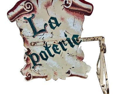 Great 1930's European French hand painted Pottery Store Sign. The sign is painted on both sides. Some paint is missing and the sign had wear from years of use.. Dimensions 32 W 17 D 29 H Styles French Provincial Period 1930s Country of Origin France Item Type Vintage, Antique or Pre-owned Shop Sustainably with Chairish Materials Enamel Condition Good Condition, Original Condition Unaltered, Som...