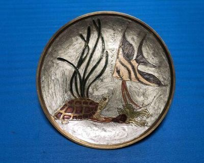 Beautiful vintage brass sea life themed plate wall hanging decor
