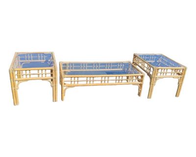 Vintage 3pc Rattan Wicker Bamboo Glass Coffee Table & Pair 2 Side End Tables