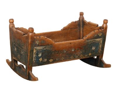 19th Century Swedish Blue Painted Pine Baby Cradle