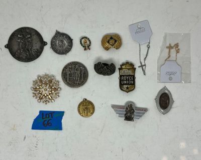 Lot 66 - Coin and Pin Lot - Vintage Military, Religious and More