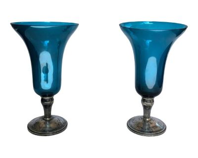 Vintage Gorham Footed Vases Turquoise and Sterling Silver-a Pair