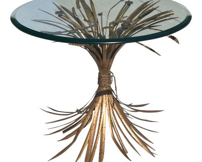 1960s Mid Century Modern Attributed to Coco Chanel Sheaf of Wheat Accent Glass Metal Table