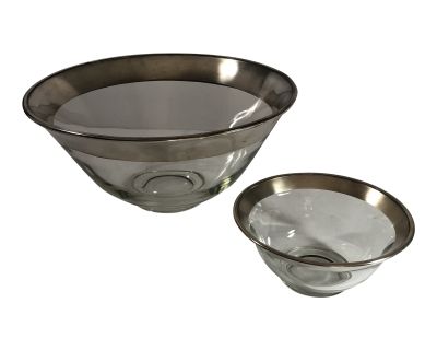 Mid Century “Chip & Dip” Glass Bowls With Silver Trim - Set of 2