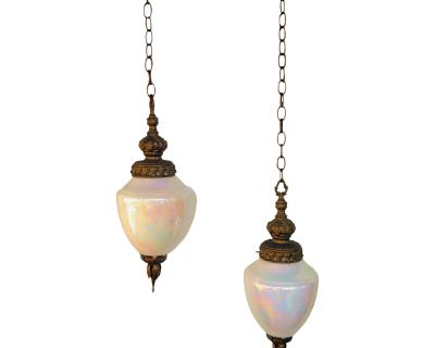 Vintage Fredrick Ramond Blown Opalescent Glass Double Swag Pendant Lights- Pair