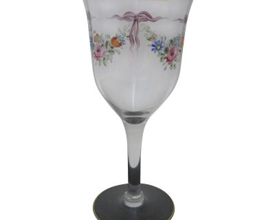 Vintage Hand Painted Colorful Flower & Ribbon Bows Gold Trim Wine Glass