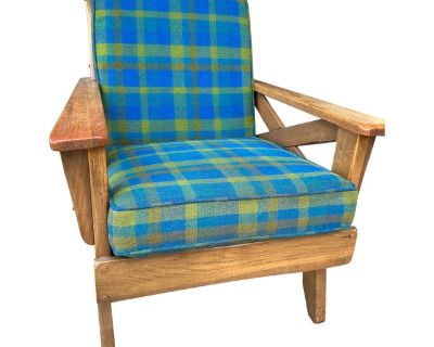 1960s Ranch Oak Rocking Chair-Blue and Green Plaid