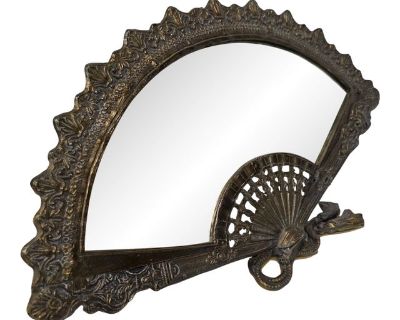 Antique Mirror Fan Shaped Brass Picture Frame Ornate Rococo Revival Tabletop Easel Back