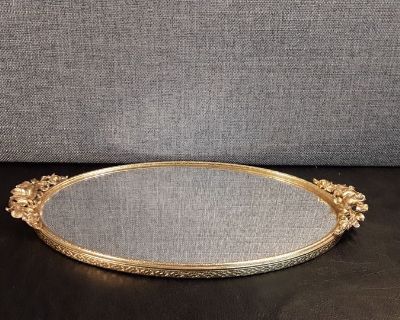 B167 Vintage Matson Gold Tone Rose Mirrored Vanity Tray 13"Long 7' Wide