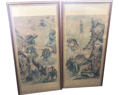 Antique Buddhist Scrolls Hand Painted Signed - a Pair