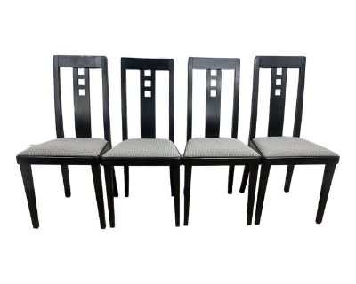 This is a gorgeous set of four Postmodern black ebonized slot back dining chairs, possibly by Josef Hoffmann with elements also of Charles Rennie Mackintosh design. They feature sleek designs with slotted back splats, straight, tapered legs, rounded edges, and beautiful geometric upholstery. Solid and sturdy, with only very minor cosmetic imperfections consistent with age. Dimensions: - 16 in w...