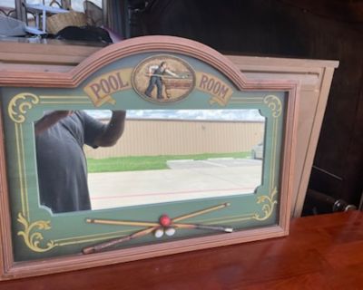 decorative mirror with a "Pool Room" theme. It features an image of a man playing billiards, and a wooden frame with a decorative relief of pool cues and balls at the bottom. Pickup Details Three Day Pickup (BY APPT ONLY): Fri., November 14th ~ 10:00 a.m. - 6:00 p.m. Sat, November 15th ~ 10:00 a.m. - 6:00 p.m. Sun., November 16th ~ 10:00 a.m. - 6:00 p.m. Preview (BY APPT ONLY): Monday,, Novembe...