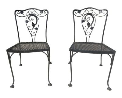 Vintage Meadowcraft Grape and Ivy Black Wrought Iron Outdoor Patio Side Chairs- A Pair