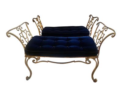 Jean-Charles Moreux Gilt Wrought Iron Benches with Mohair Cushions - A Pair