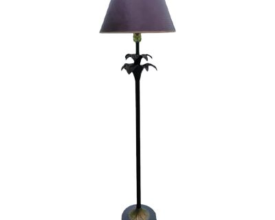 Vintage Tall Bronze Palm Tree Stiffel Floor Lamp With Burgundy Faux Snake Lamp Shade