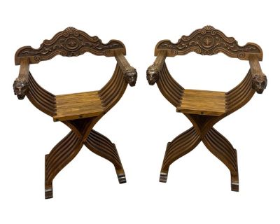 Vintage Regency Style Walnut Lions Head Folding / Accent Chairs - Pair