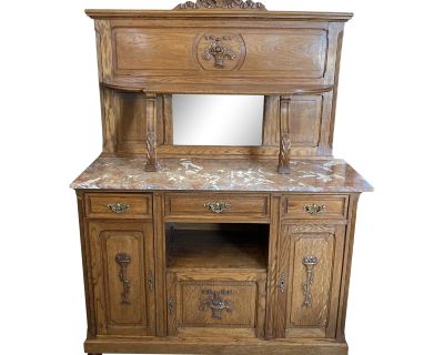 Antique Oak Sideboard With Marble Top and Beveled Mirror