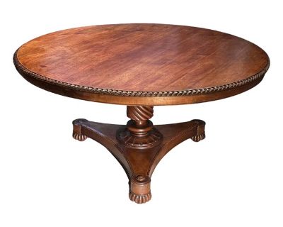 Early 20th Century Anglo Teak Center or Round Dining Table. Nice patina. Carved gadrooned edge. Stable and sturdy.. Dimensions 60 W 60 D 31 H Styles Anglo-Indian Table Shape Oval Dining Table Base Pedestal Number of Table Leaves 1 Period 1900 - 1909 Country of Origin United Kingdom Item Type Vintage, Antique or Pre-owned Shop Sustainably with Chairish Materials Teak Condition Good Condition, Or...