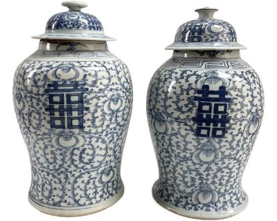 Large Antique 19th-Century Blue & White Ginger Jars - a Pair