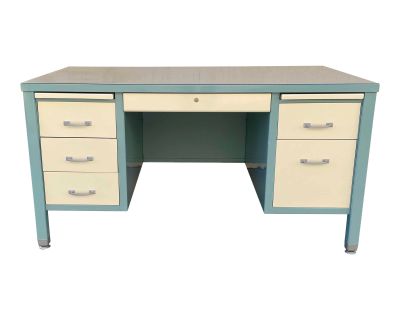 Mid Century Double Pedestal Tanker Desk Refinished in Sea Foam