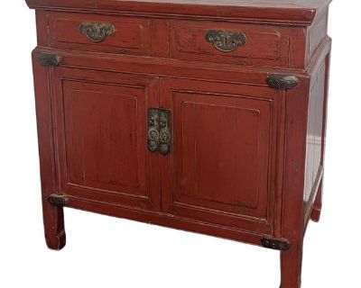 Antique Qing Dynasty Red Lacquer Elmwood Cabinet