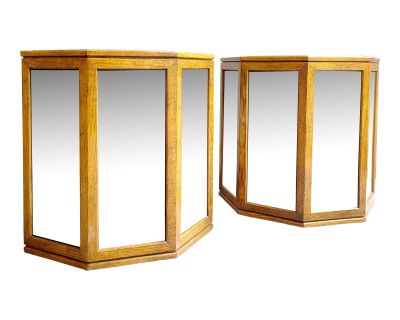 1970s Vintage Pair of Smoked Mirror & Wood Octagon Side Tables