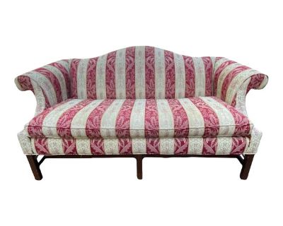 1990s Ethan Allen Camelback Striped Red & White Floral Sofa