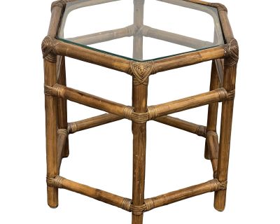 Vintage McGuire Style Hexagonal Side Table With Glass Table Top