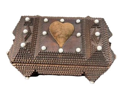 Antique Tramp Art Keepsake Box With Velvet Heart Shaped Pin Cushion