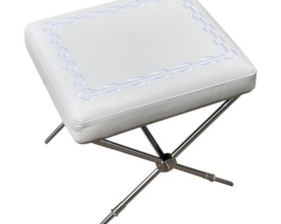 Contemporary and in like new condition. Silver chrome bases with heft, tops are embroidered around the edge and white faux leather. Excellent condition. Two available ! An updated take on Empire style, our Rider X-Bench doubles as a tiny table when topped with one of our trays. The generous seat is covered in velvet atop a sparkling, sabot-detailed nickel or brass frame. Place a pair at the foo...