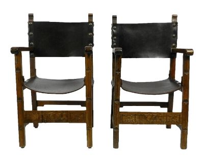 Vintage Spanish 1930s Knight Leather Armchairs - Set of 2