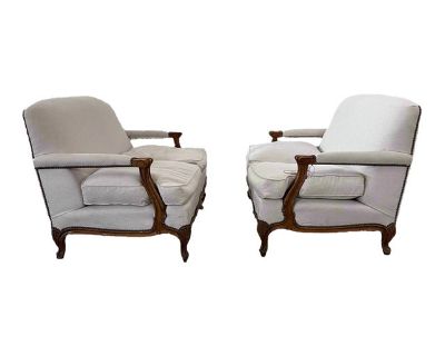Pair of Early 20th Century Italian Art Deco Walnut Framed Upholstered Sofa Loveseats
