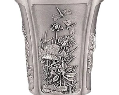 1990s Japanese Flowers of the Four Seasons Motif Pewter Vase Ice Bucket in Metal Chinese Asian