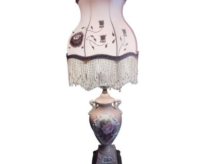 Vintage Victorian Regency Style Floral Lamp Dusty Rose Pink Fringed Beaded Shade