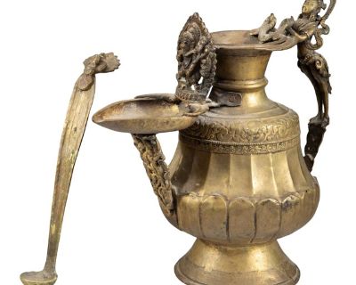 19th Century Nepal Sukunda Ceremonial Bronze Brass Metal Oil Lamp India - 2 Pieces