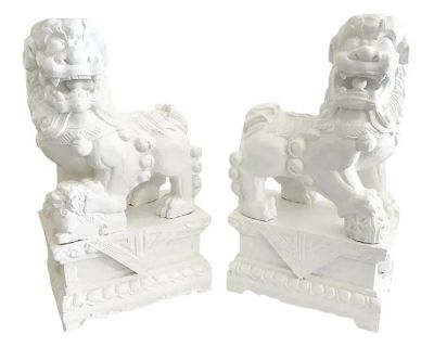 Mid 20th Century White Foo Dogs Carved in Wood Base With Geometrical Figures, a Pair