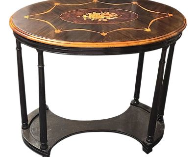 Lightly Refinished Antique Oval Accent Table With Floral Marquetry and Ebonized Legs
