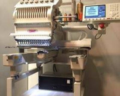 6 month old, SWF 1501C Single Head Compact Machine. It has been used less than 50 times and is in perfect condition, as a technician verified last month. It is a 15 head machine, with top-notch technology, 2 USB drives, laser guide, and more. This commercial embroidery machine is complete with a 2.5ft stand, machine toolkit, Quick Change Cap System with 2 cap hoops, and a total of 12 SWF hoops ...