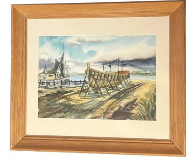 1950s MCM Watercolor Painting of New Orleans Shipyard Signed, Framed