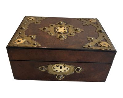 Antique English Burl Wood and Brass Box With Paper Lining