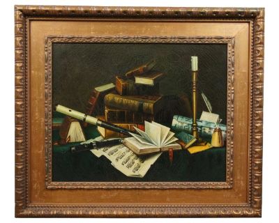 Music & Literature Still Life Oil Painting After William Michael Harnett 41"